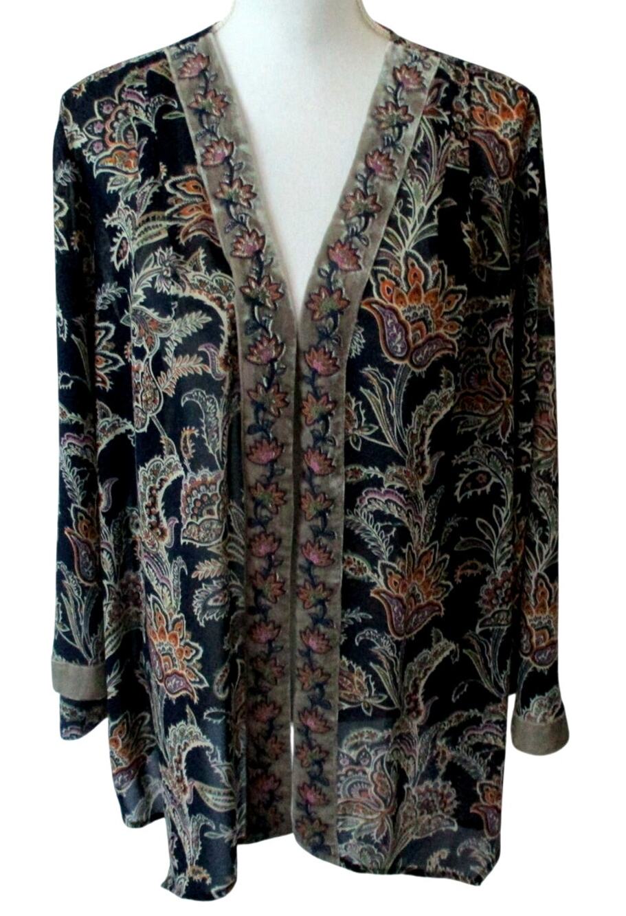 Belle Kim Gravel Women's Plus Blue Floral Long Sleeve Open Front Cardigan 1X